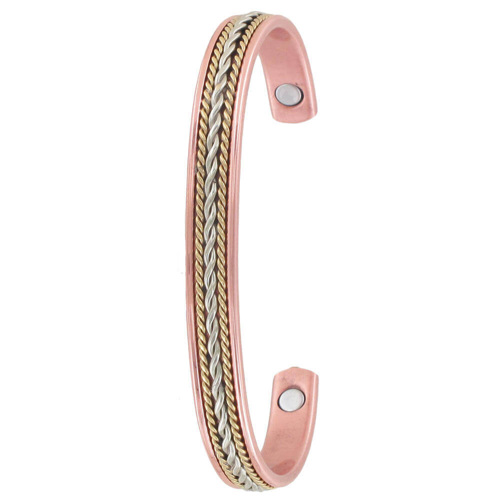 3 Tone Twist Copper Magnetic Band. A three-tone twist copper magnetic therapy bracelet with a clasp