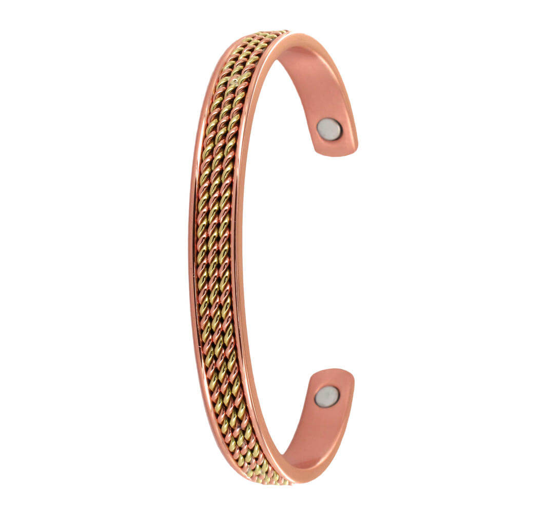 Two Tone Copper Magnetic Band. A two-tone copper magnetic therapy cuff bracelet with a textured pattern and magnetic clasps.