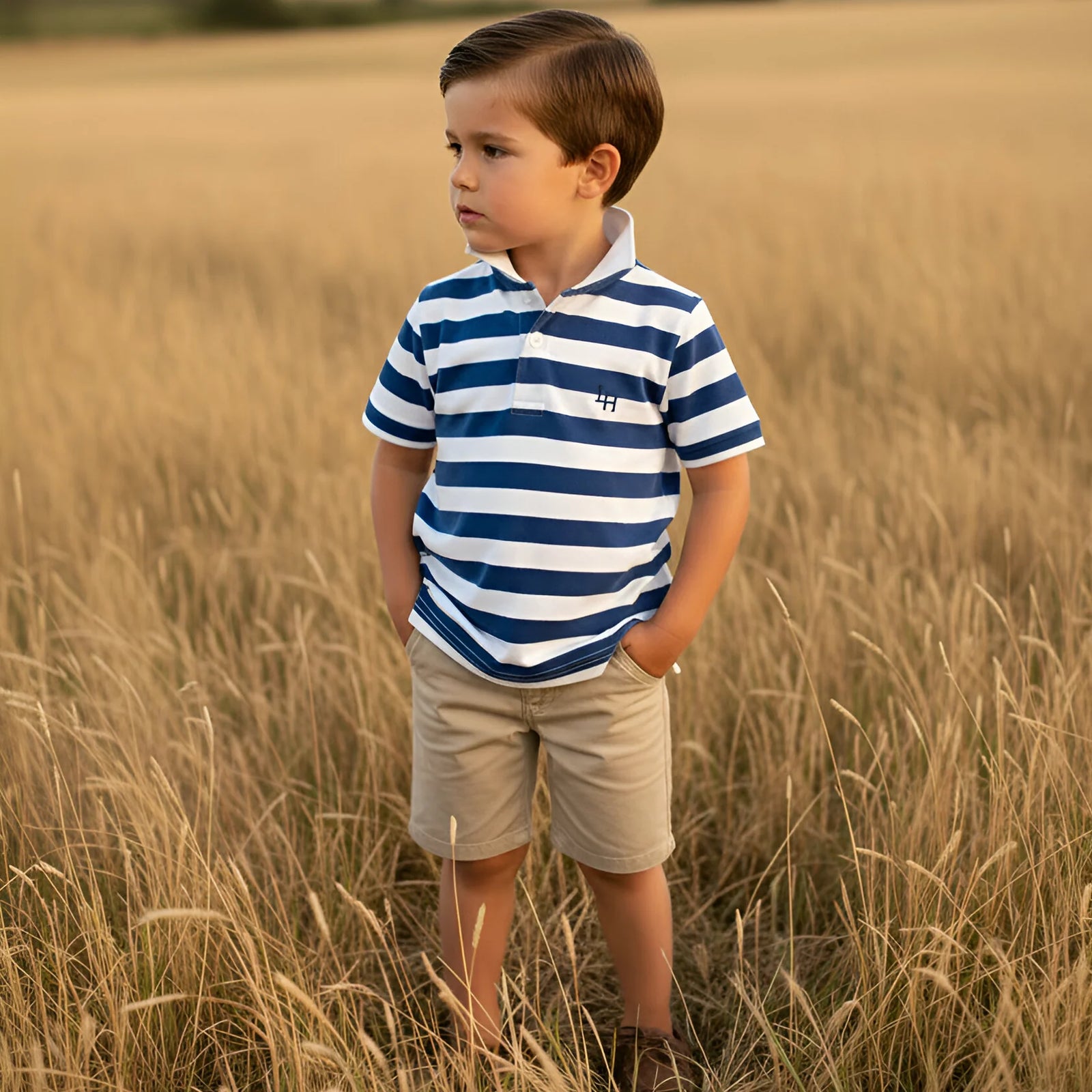 Young boy in a striped shirt standing in a field