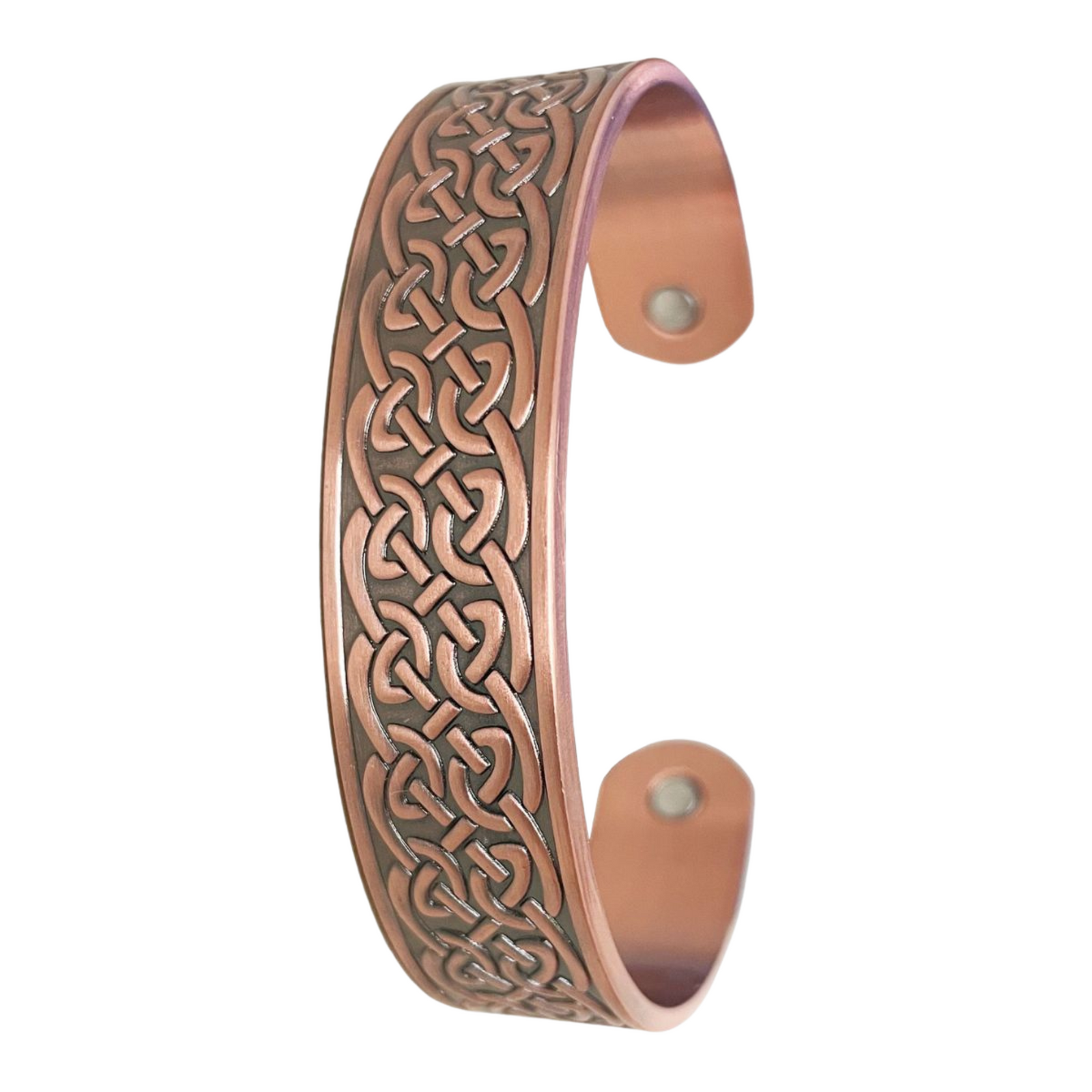 Celtic Knot Copper Magnetic Band. Copper bracelet with intricate Celtic knot pattern on a white background