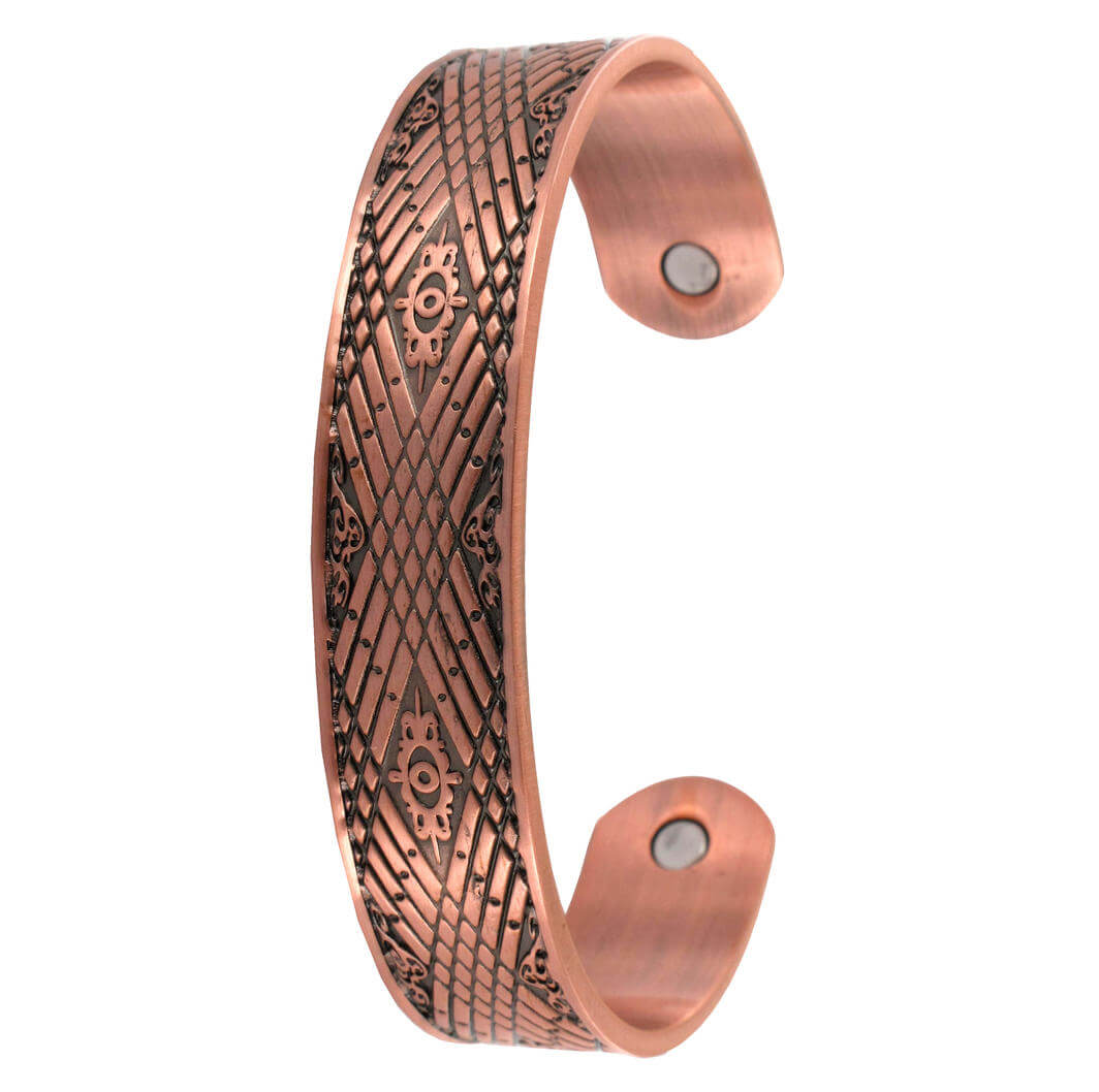 Geometric Copper Magnetic Band. A geometric patterned copper magnetic therapy bracelet with a width of 1.2cm and thickness of 2mm.