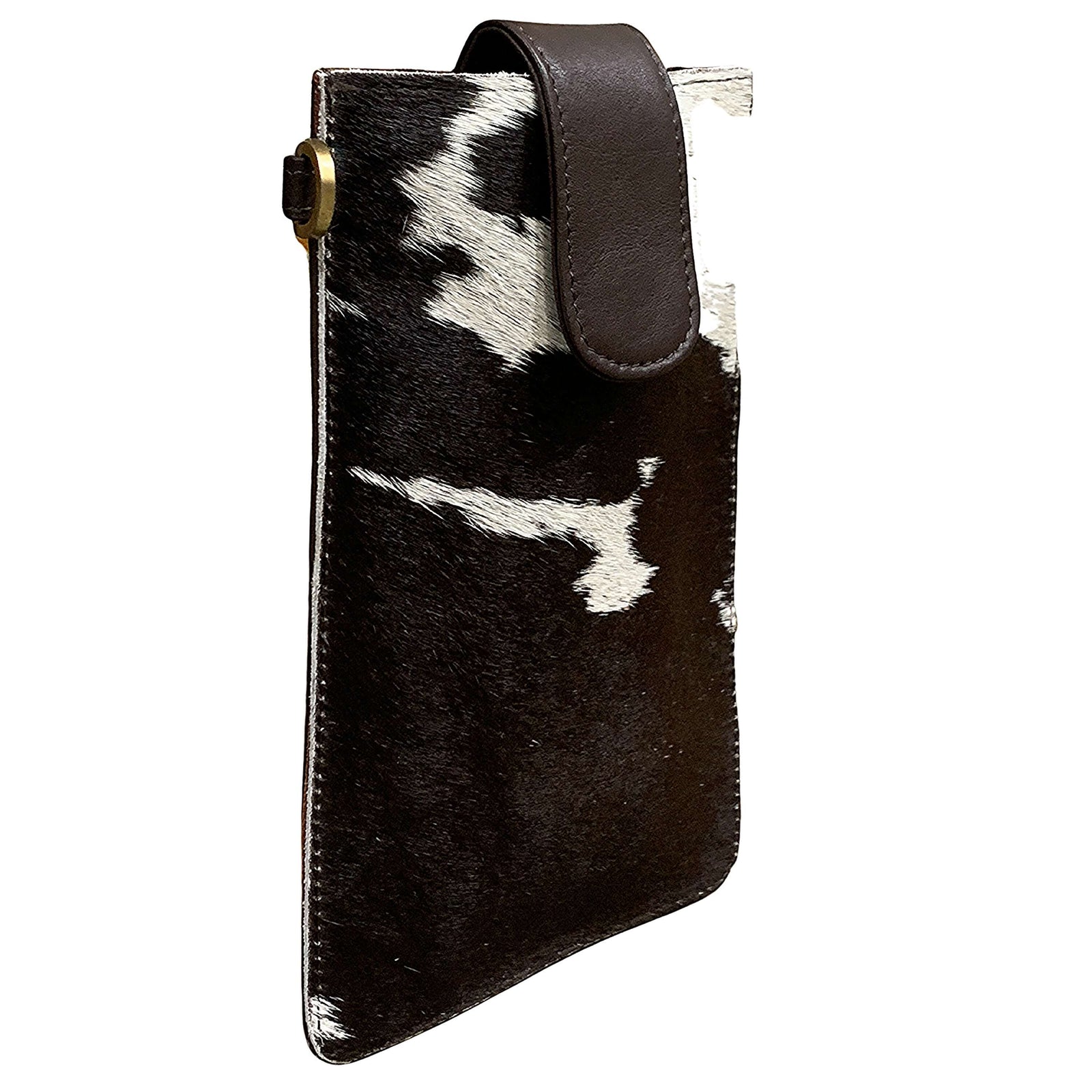 Women's Mobile Phone Cowhide Bag. A black and brown cowhide leather mobile phone bag with a magnetic closure and a shoulder strap.