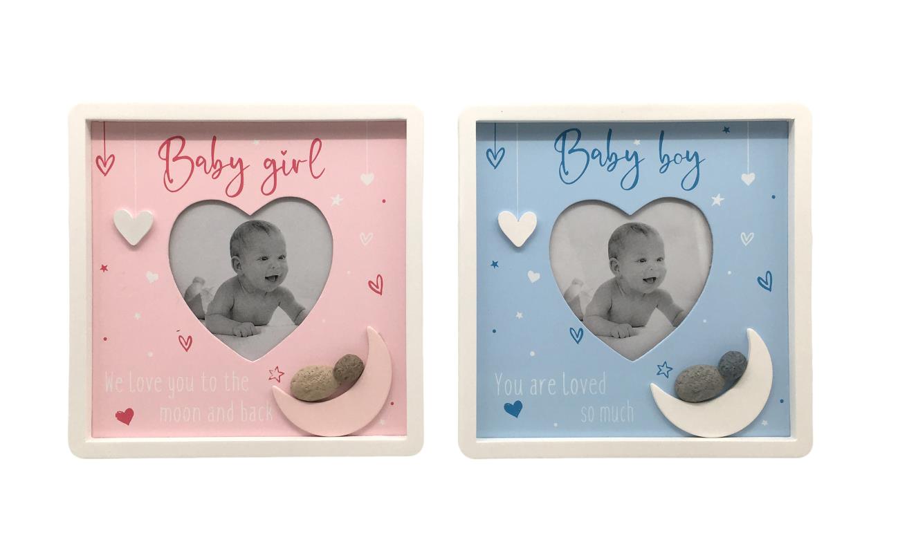 Two heart-shaped baby frames, one pink for a baby girl and one blue for a baby boy, on a white background.