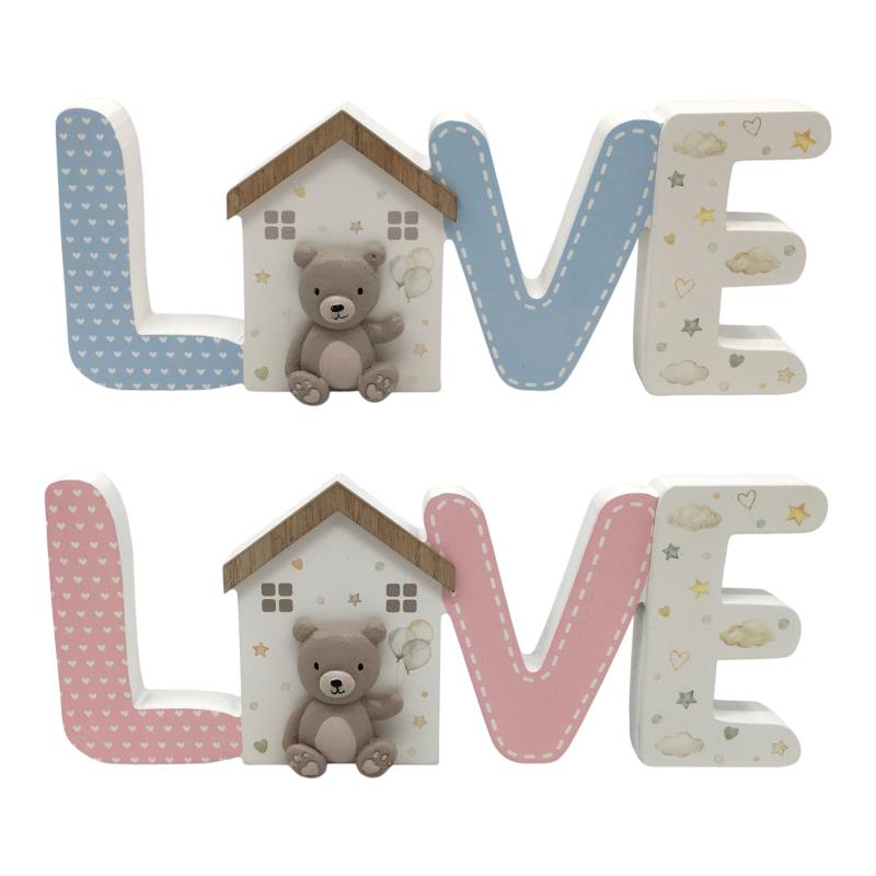 Decorative letters spelling 'LOVE' with teddy bears and houses on a white background