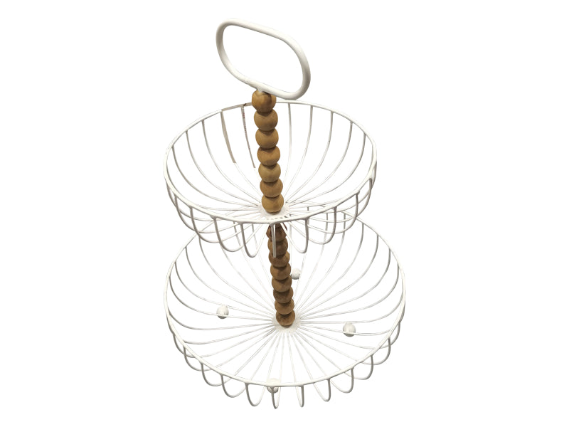 2 Tier Wire Storage Basket. Two-tiered wire cake stand with wooden handle on a white background