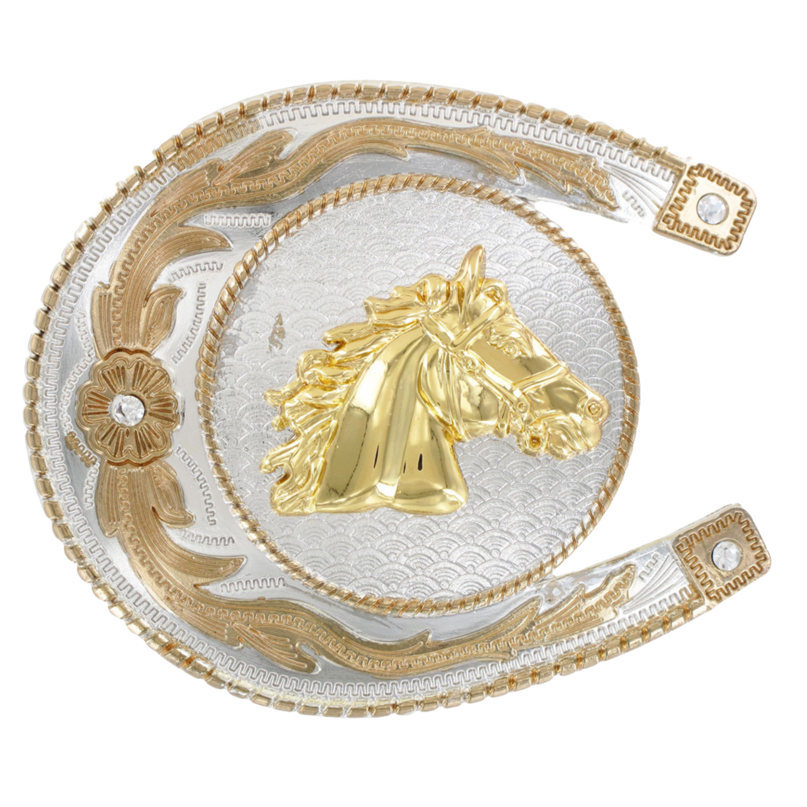 Horse Head Trophy Buckle. Decorative belt buckle with gold horse head design on a white background