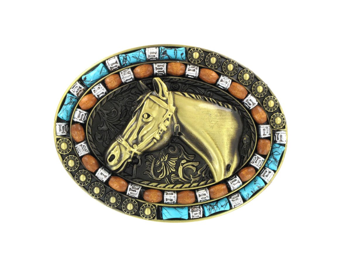 Tulmur Gold Horsehead Buckle. Belt buckle with horse design and colorful gemstone border on a white background