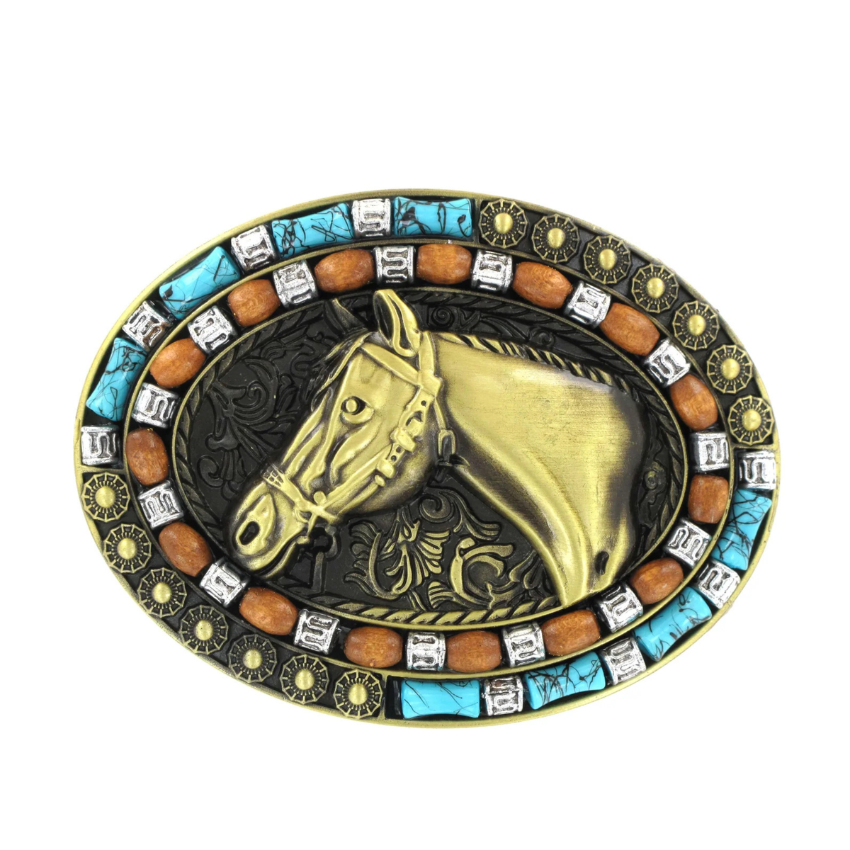 Tulmur Gold Horsehead Buckle. Belt buckle with horse design and colorful gemstone border on a white background