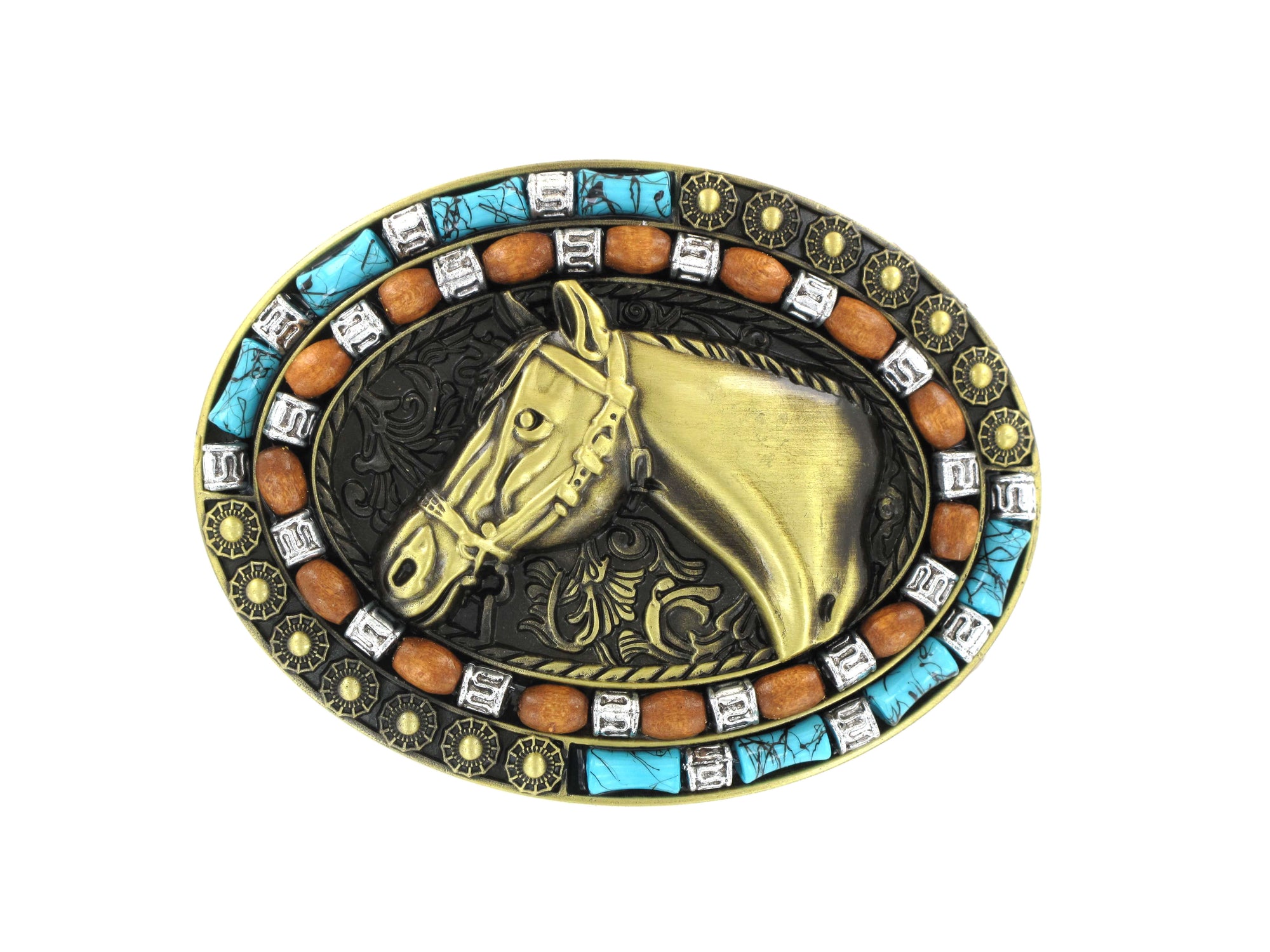 Tulmur Gold Horsehead Buckle. Belt buckle with horse design and colorful gemstone border on a white background