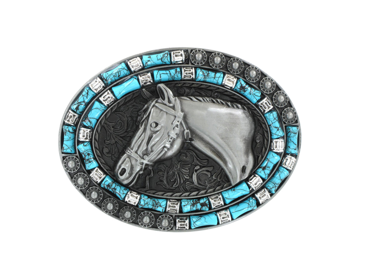 Tulmur Silver Horsehead Western Buckle. Belt buckle with horse design and turquoise stones on a white background
