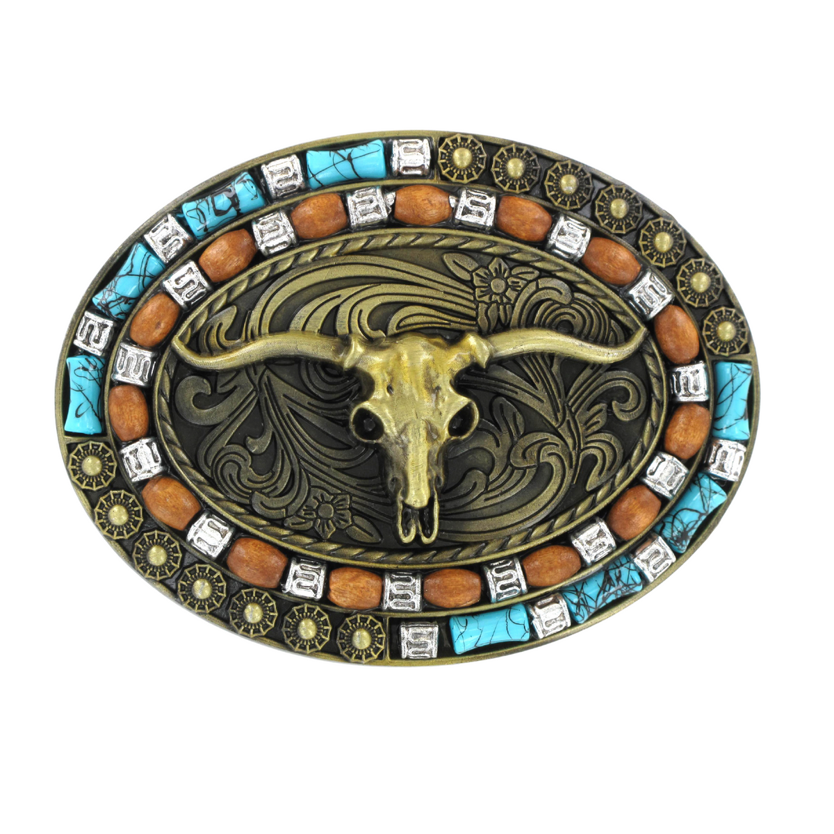 Gold Long Horn Western Buckle. Belt buckle with bull skull design and gemstone accents on a white background