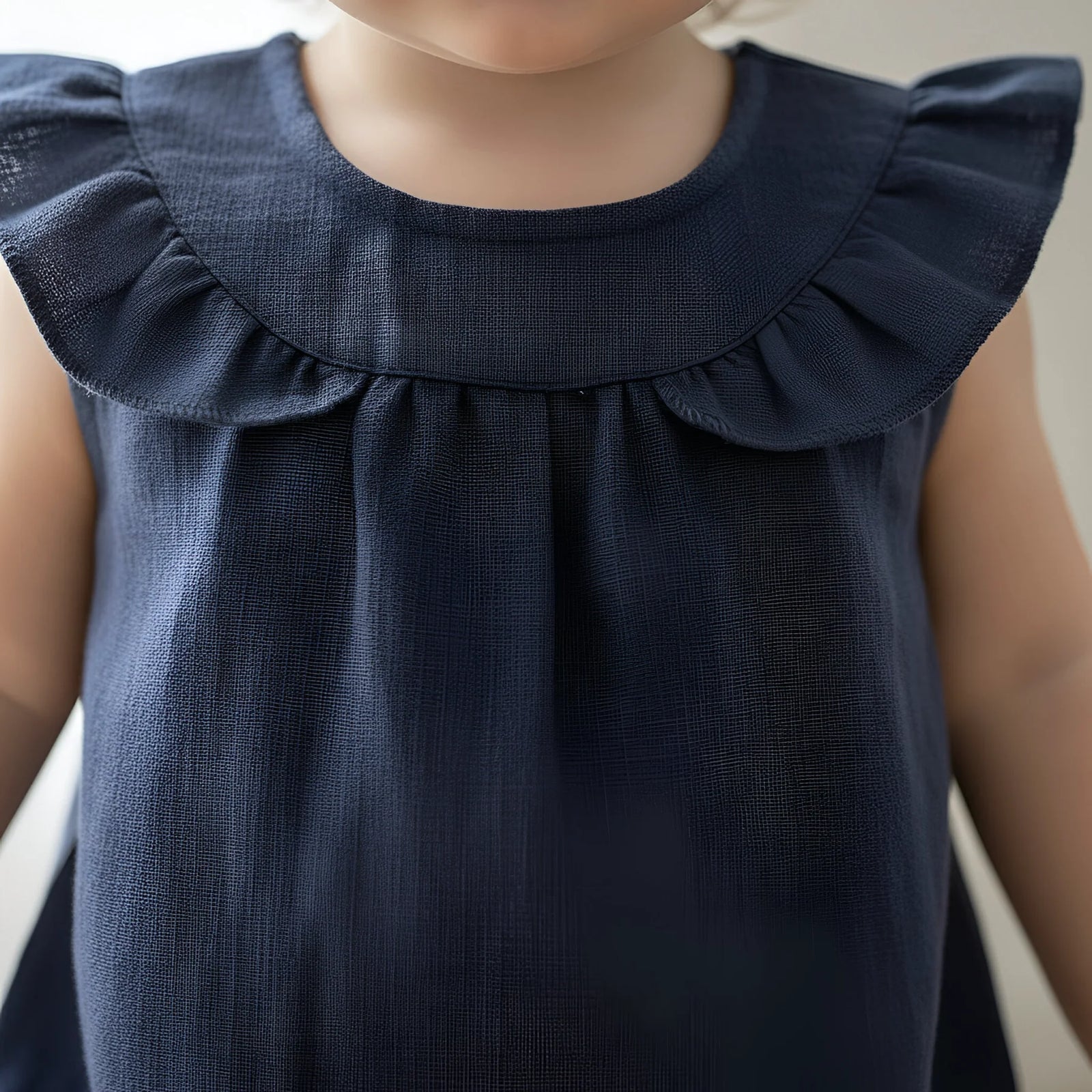 Close-up of a child wearing a sleeveless dark navy dress with a wide ruffled Peter Pan collar and ruffled shoulder straps, shown against a soft light background.