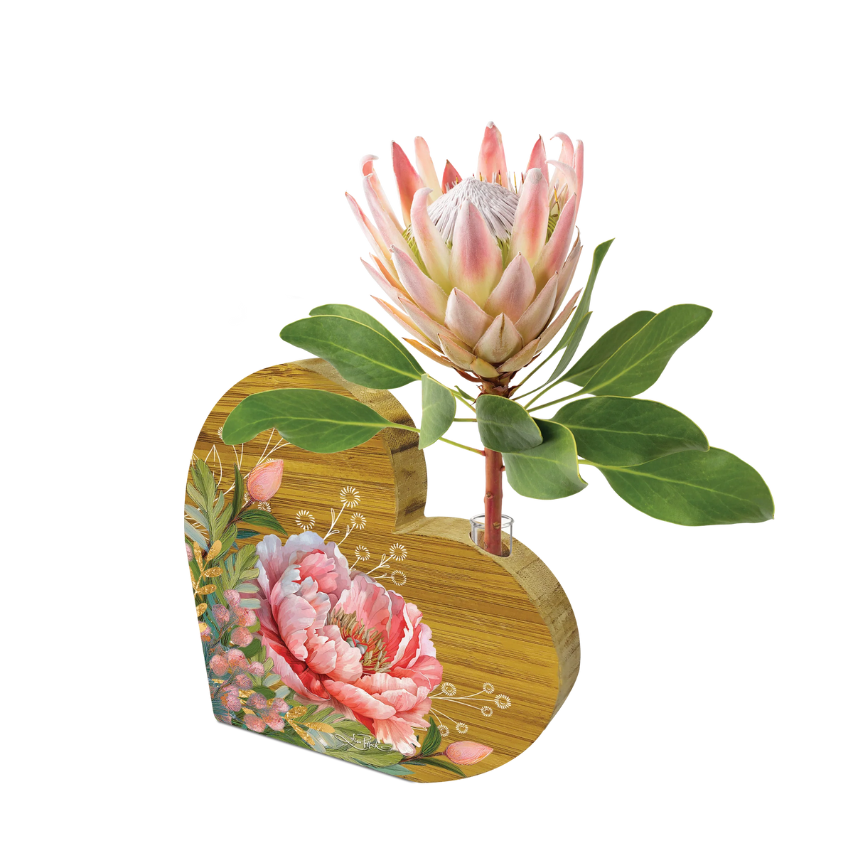 Lisa Pollock Bamboo Bud Vase - Coral Peony. Decorative planter with a pink flower and green leaves on a white background