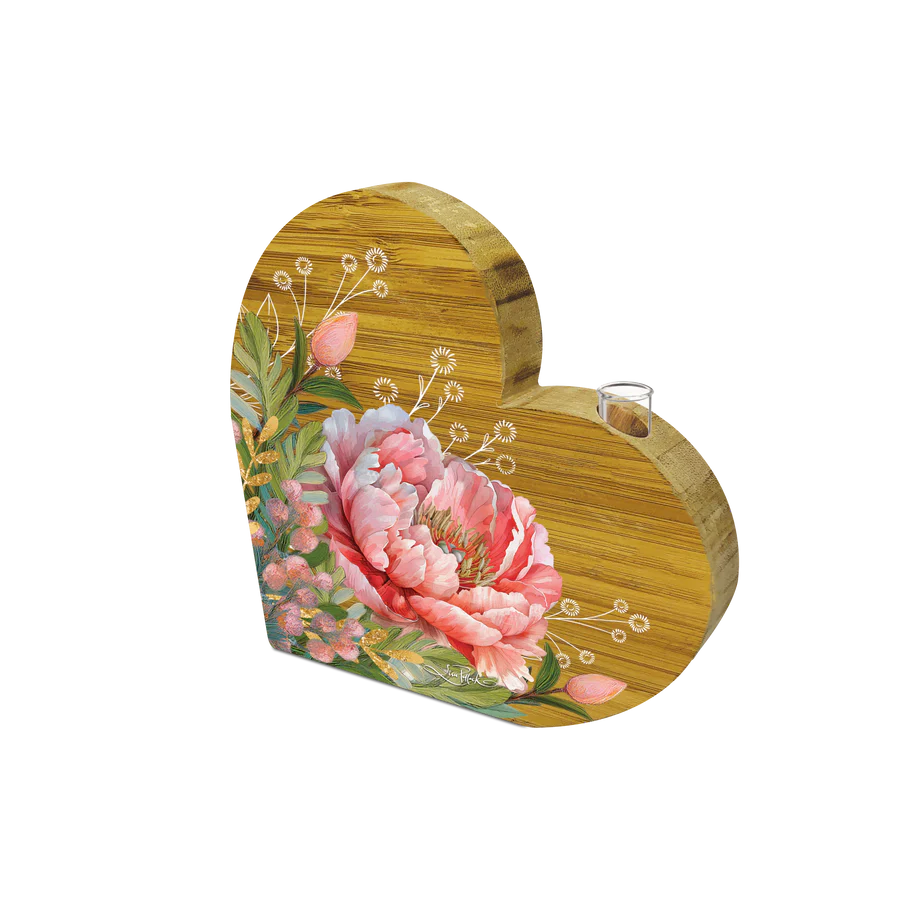 Lisa Pollock Bamboo Bud Vase - Coral Peony. Heart-shaped wooden cutting board with floral design on a white background
