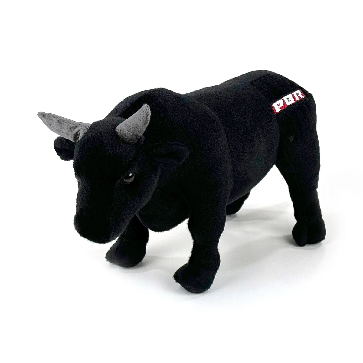 Big Country Toys 14&quot; PBR Plush Bull. Black plush toy bull with &#39;PBR&#39; label on a white background