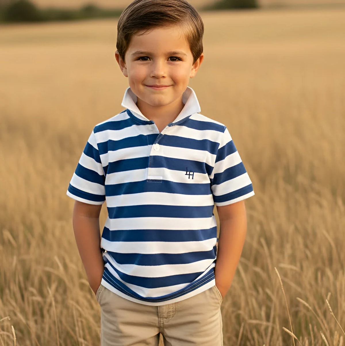 A young boy standing in a golden wheat field, wearing a navy blue and white horizontally striped polo shirt with a small embroidered chest logo, paired with khaki pants.