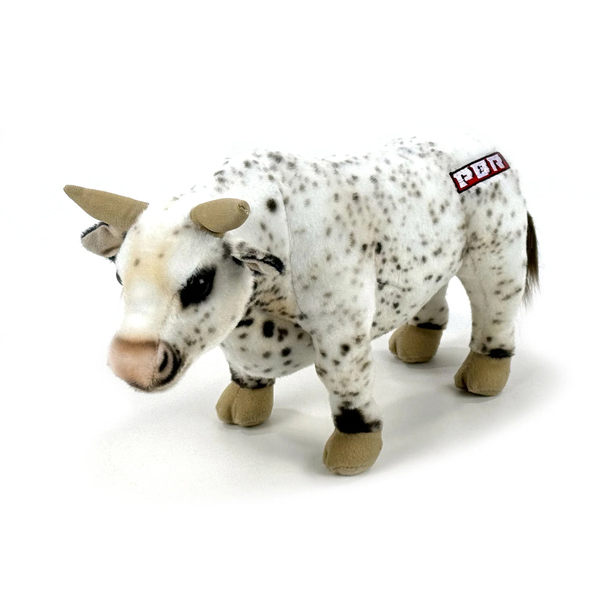 Big Country Toys 14&quot; PBR Plush Bull. Plush toy resembling a spotted bull with a PBR logo on a white background