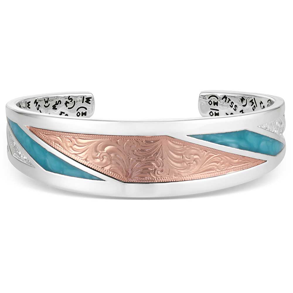 Silver bracelet with rose gold and turquoise accents on a white background