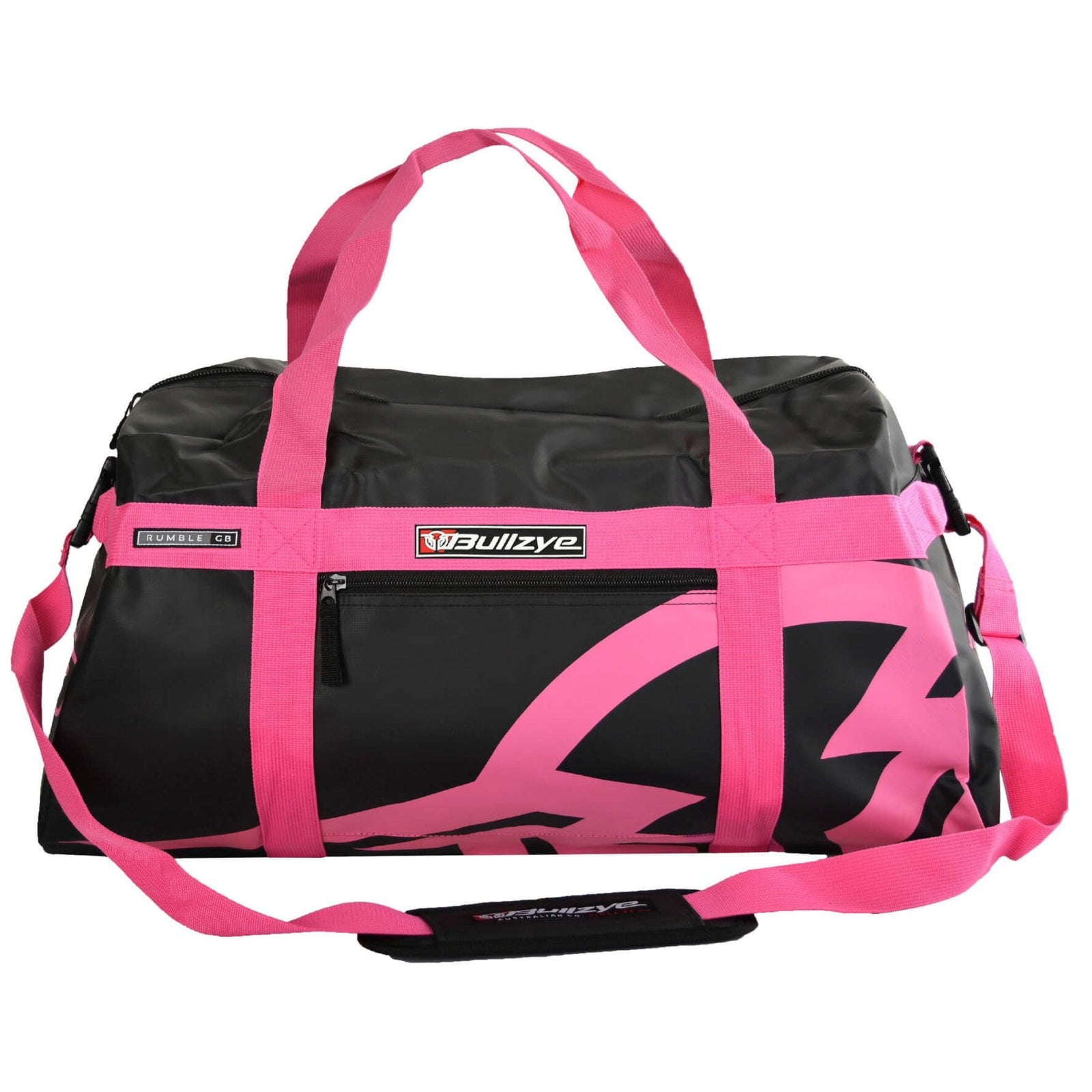 Bullzye Rumble Gear Bag. A black Bullzye bag with a large main compartment and additional side and front compartments, featuring a shoulder strap and two carry handles.