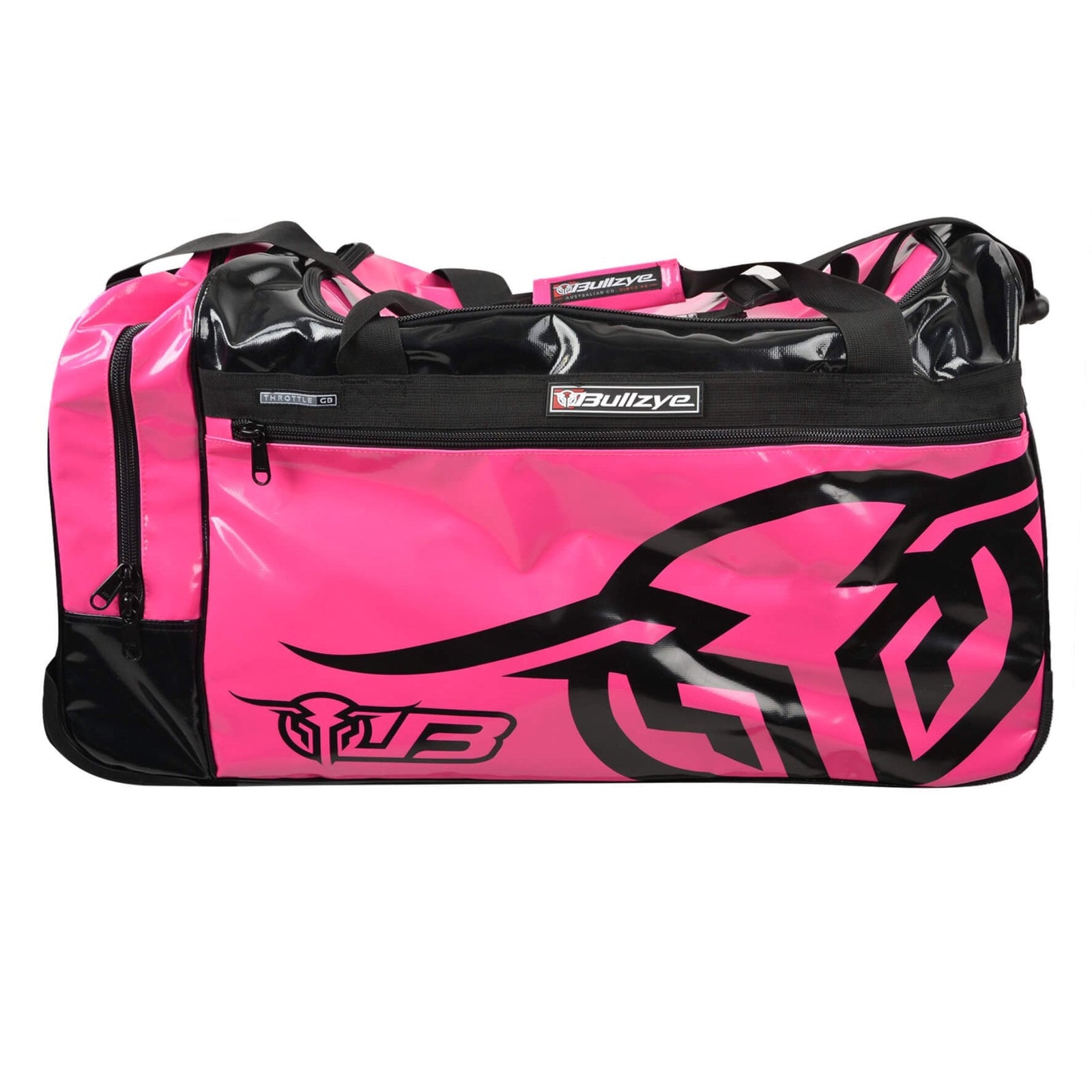 A pink and black Bullzye Throttle Gear Bag with heavy-duty zippers and wheels designed for storage and transportation of gear.