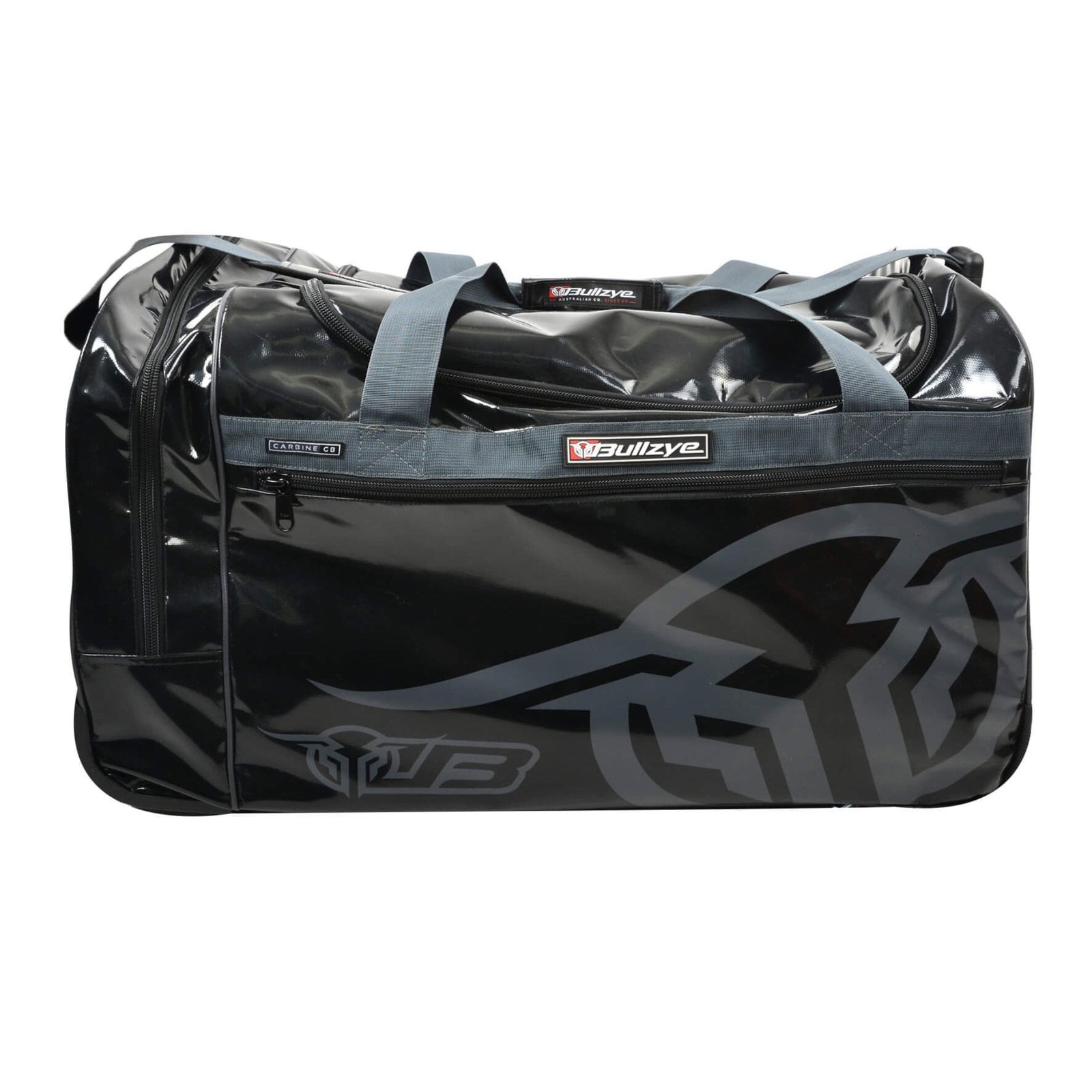 A pink and black Bullzye Throttle Gear Bag with heavy-duty zippers and wheels designed for storage and transportation of gear.