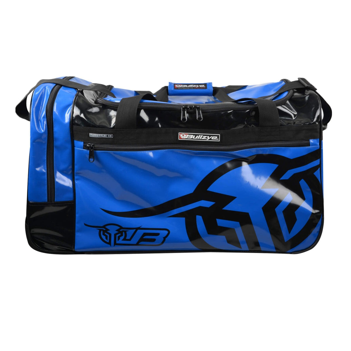 A blue and black Bullzye Throttle Gear Bag with heavy-duty zippers and wheels designed for storage and transportation of gear.