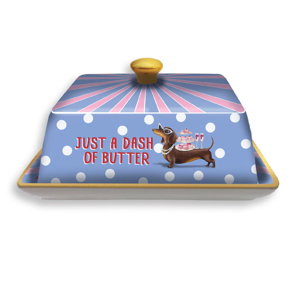 Butter dish with dachshund design and text 'Just a Dash of Butter' on a white background