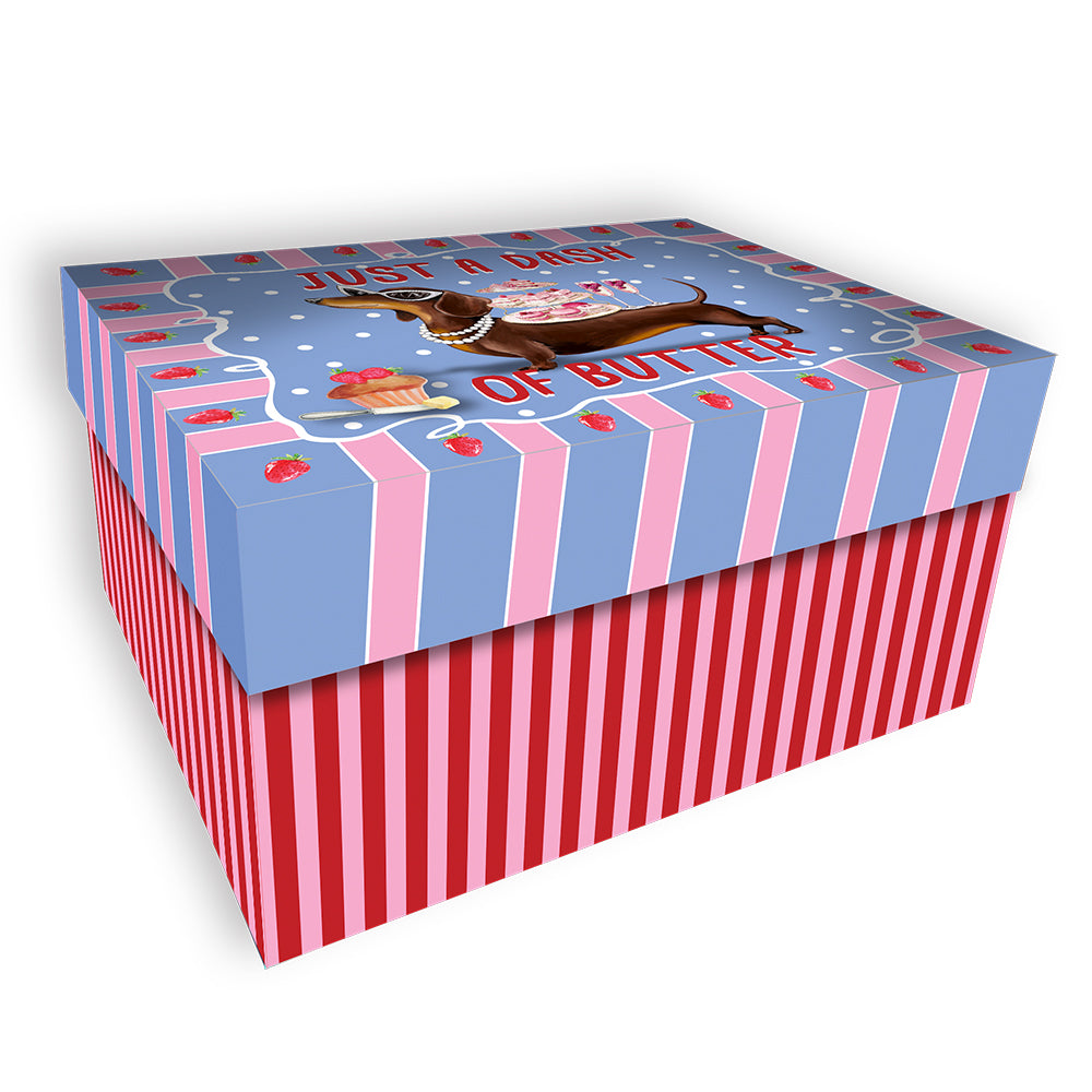 Decorative box with cartoon dog and text on a white background