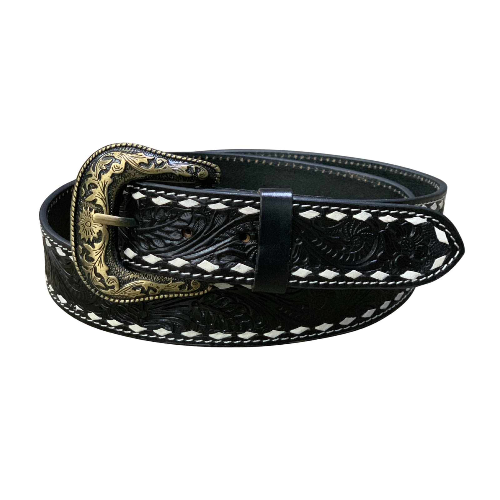 Black Buck Stitch Tooling Leather Belt with Removable Buckle. Black leather belt with intricate gold buckle on a white background