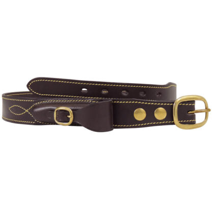 Men's Tapered Cattleman's Belt. Brown leather belt with gold buckle on a white background