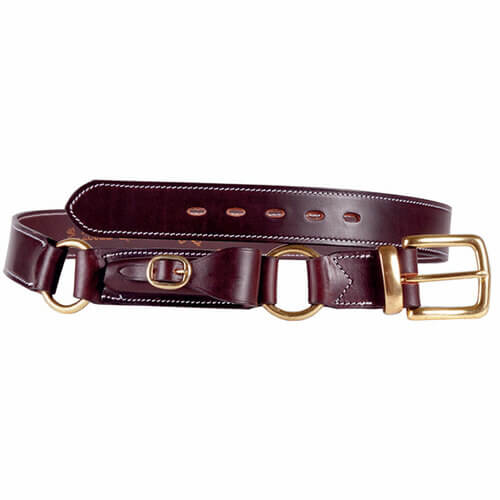 Men's Australian Made Hobble Pouch Belt. A brown leather hobble belt with brass rings and a buckle, featuring a pouch.
