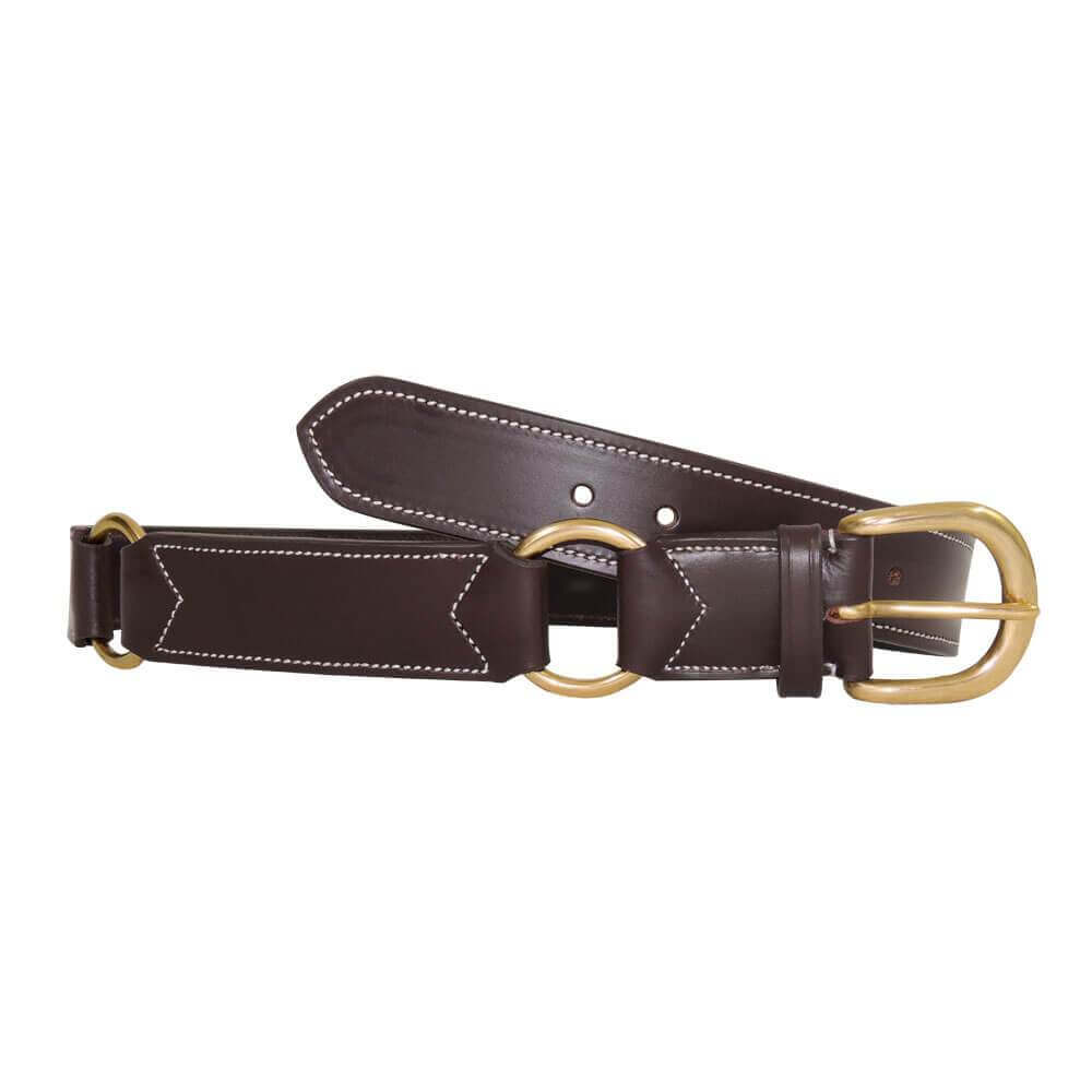 Men's Australian Made Hobble Belt. A brown leather hobble belt with brass harness rings and buckle, laid out in an arch on a plain background.