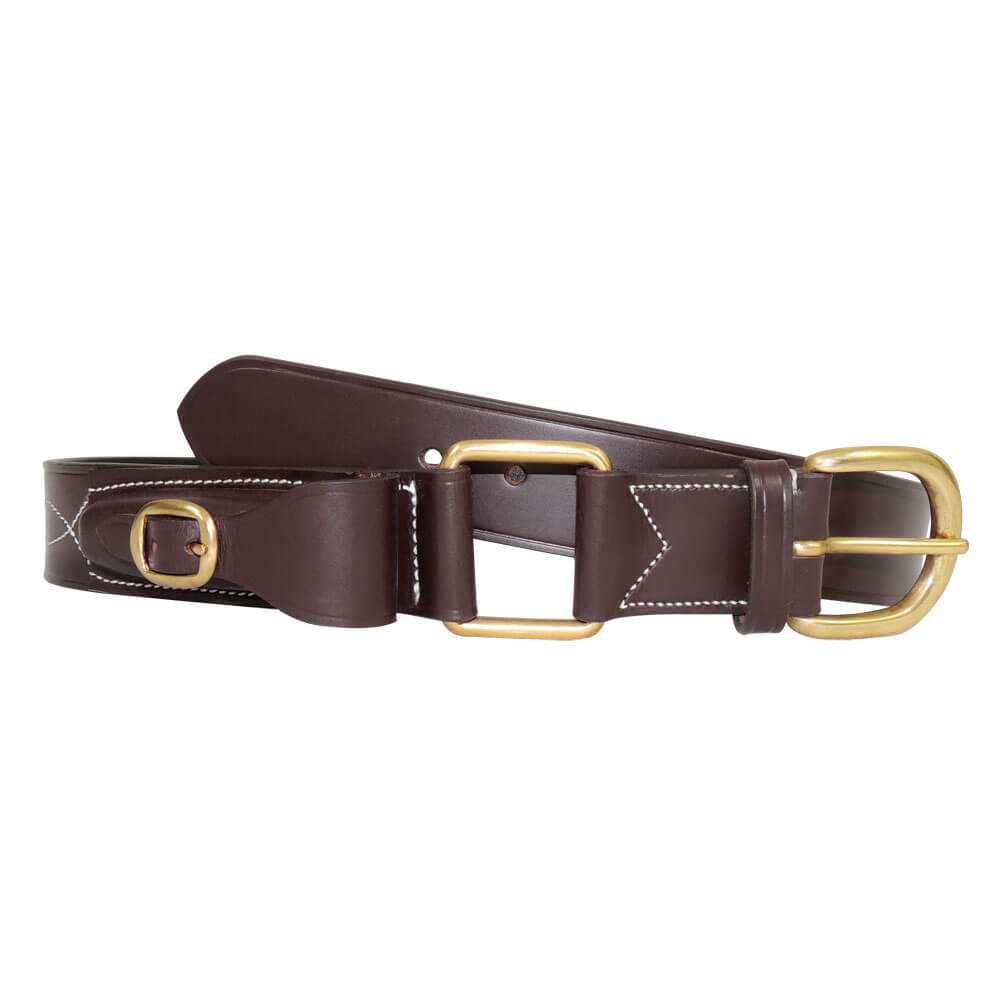 Victor Stockmans Belt With Pouch. A brown genuine leather belt with a brass buckle and a pouch for a knife, displayed on a white background.