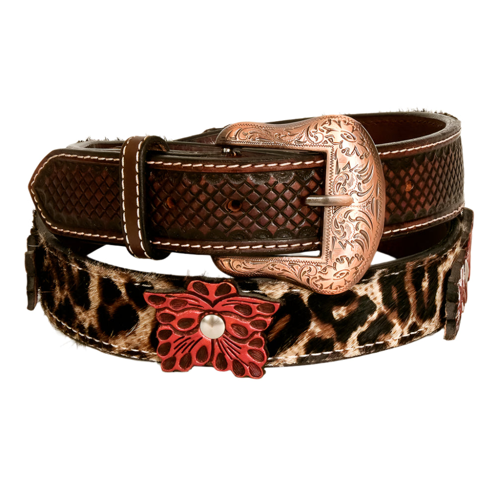 American Darling leopard print western style leather belt with decorative flowers and silver buckle on a white background