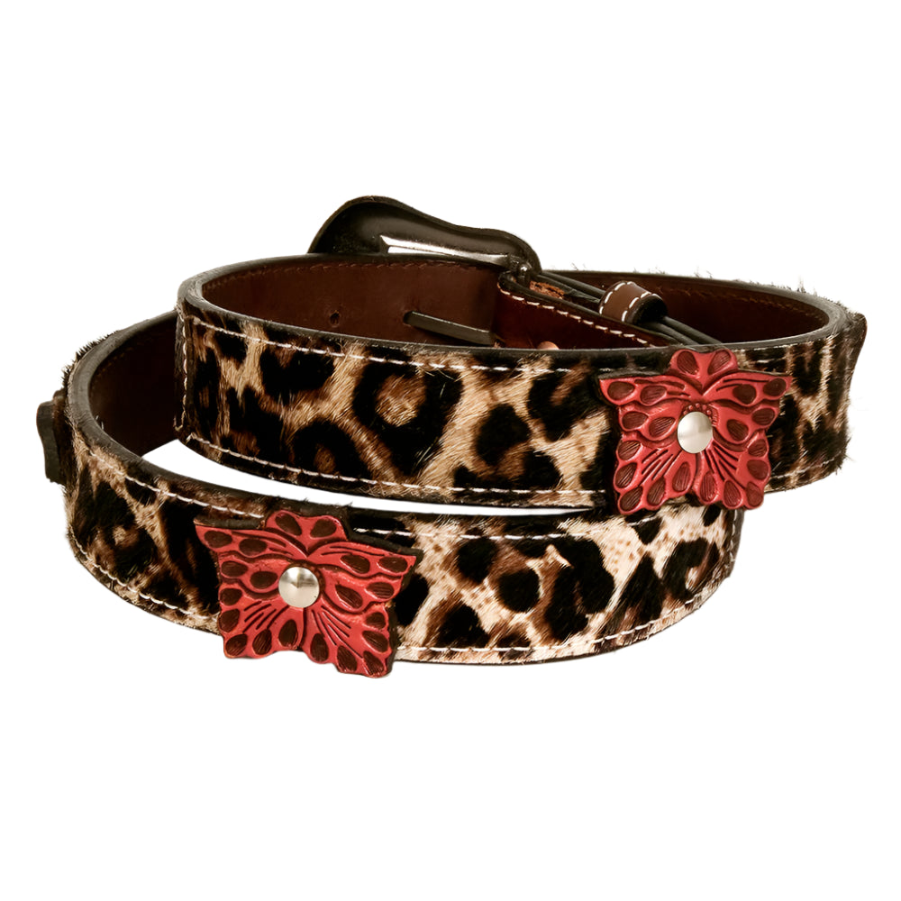 American Darling leopard print western style leather belt with decorative flowers and silver buckle on a white background