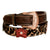 American Darling leopard print western style leather belt with decorative flowers and silver buckle on a white background