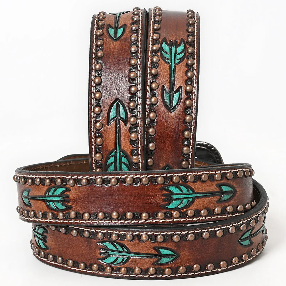 American Darling brown western leather belt with turquoise arrow designs and a large metal buckle on a white background