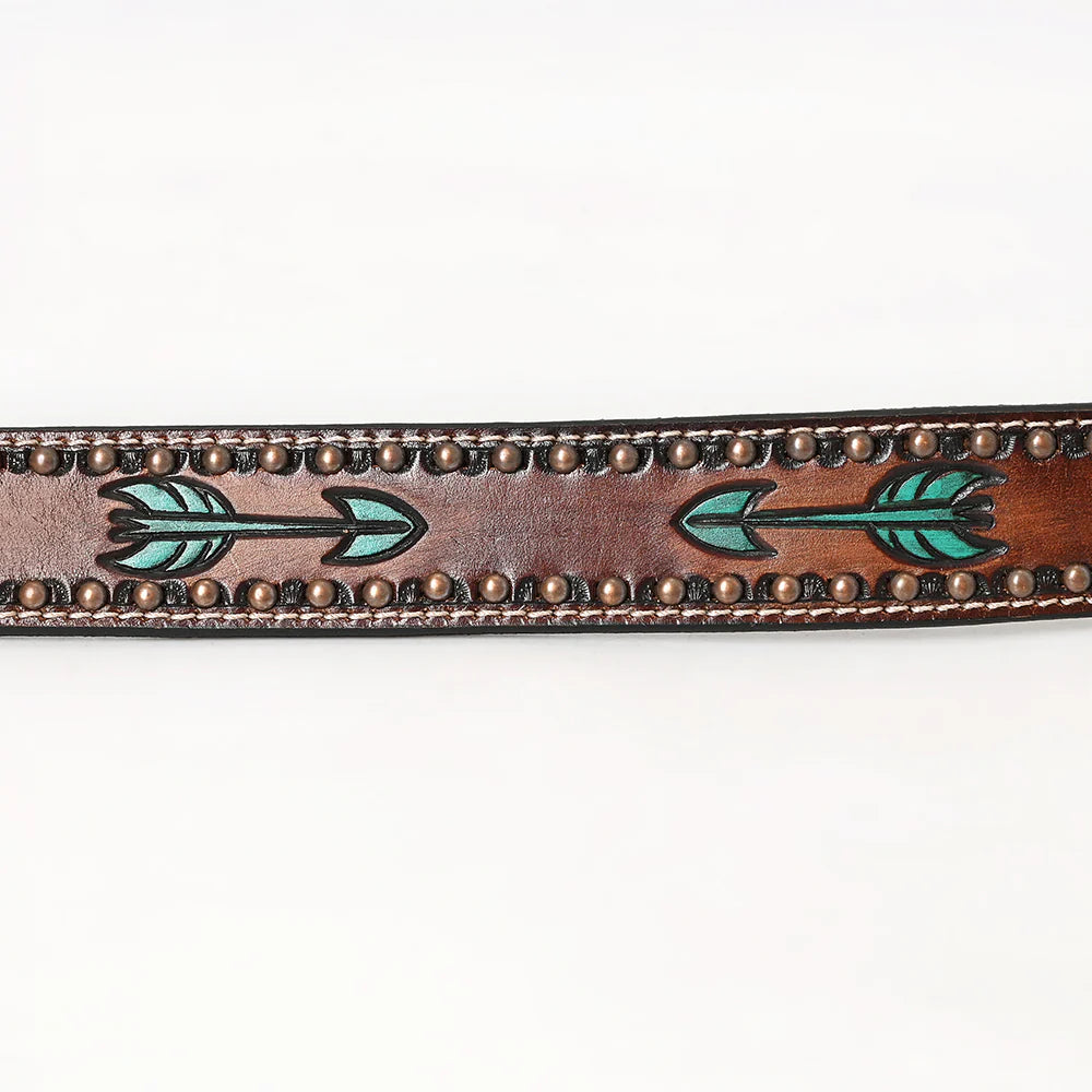 American Darling brown western leather belt with turquoise arrow designs and gold studs on a white background
