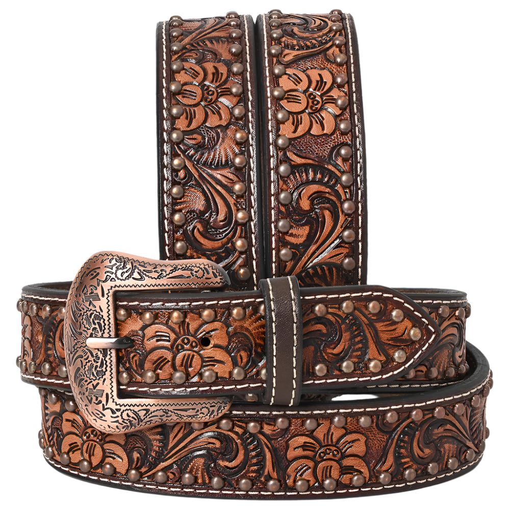 American Darlin brown western leather belt with intricate floral patterns and decorative studs on a white background