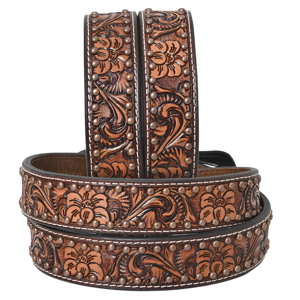 American Darling brown leather western belt with intricate floral patterns and studs on a white background