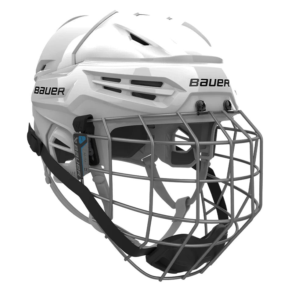 Bauer Re-Akt 55 Hockey Helmet Combo. A black Bauer Re-Akt 55 hockey helmet combo with a protective face grille.