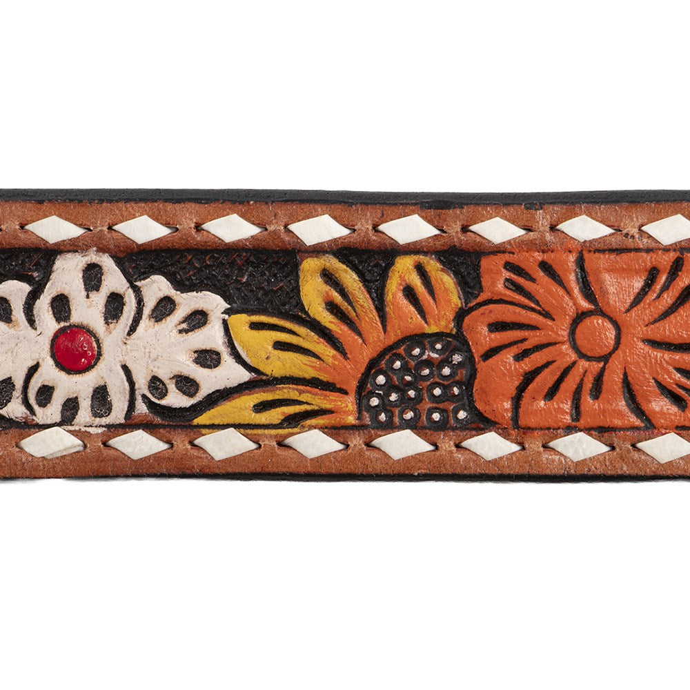 A close-up of a brown leather belt strap featuring hand-tooled floral designs in orange, yellow, and white, with a small red center stone on one flower and white diamond-shaped studs along the edges.