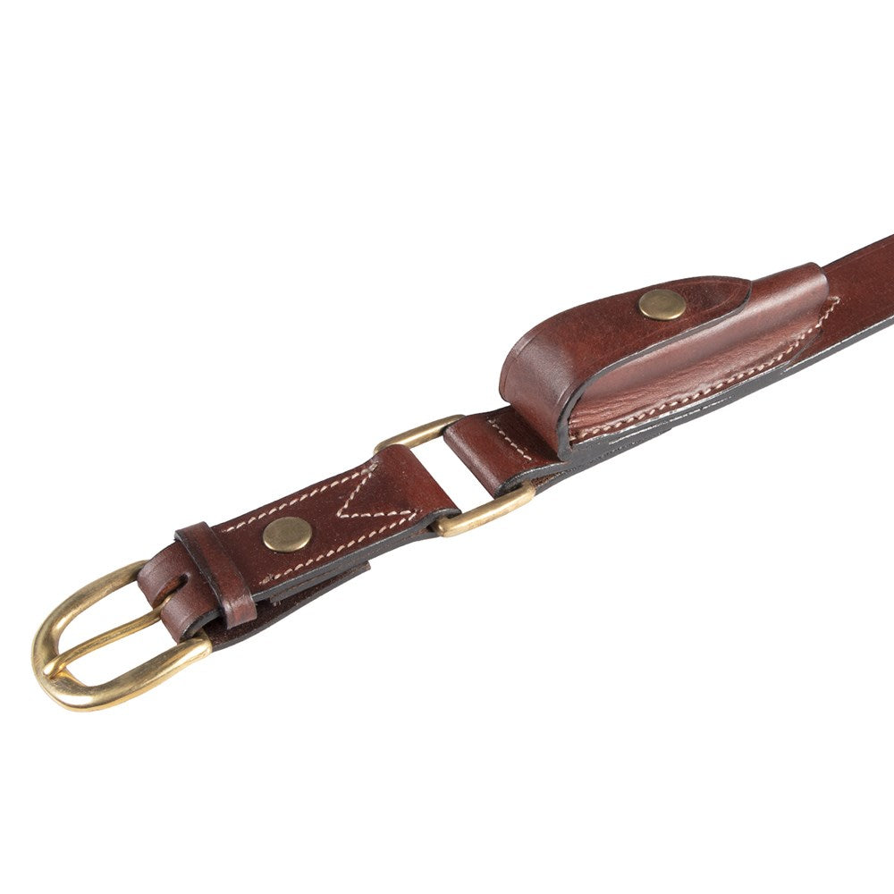 Men's Ord River Knife Pouch Belt. Brown leather belt with gold buckle on a white background