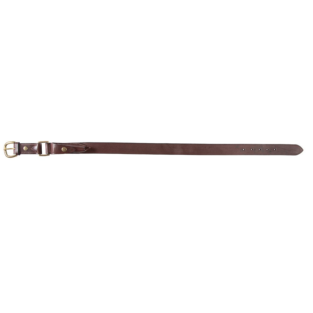 Men's Ord River Knife Pouch BeltBrown leather belt with a gold buckle on a white background 