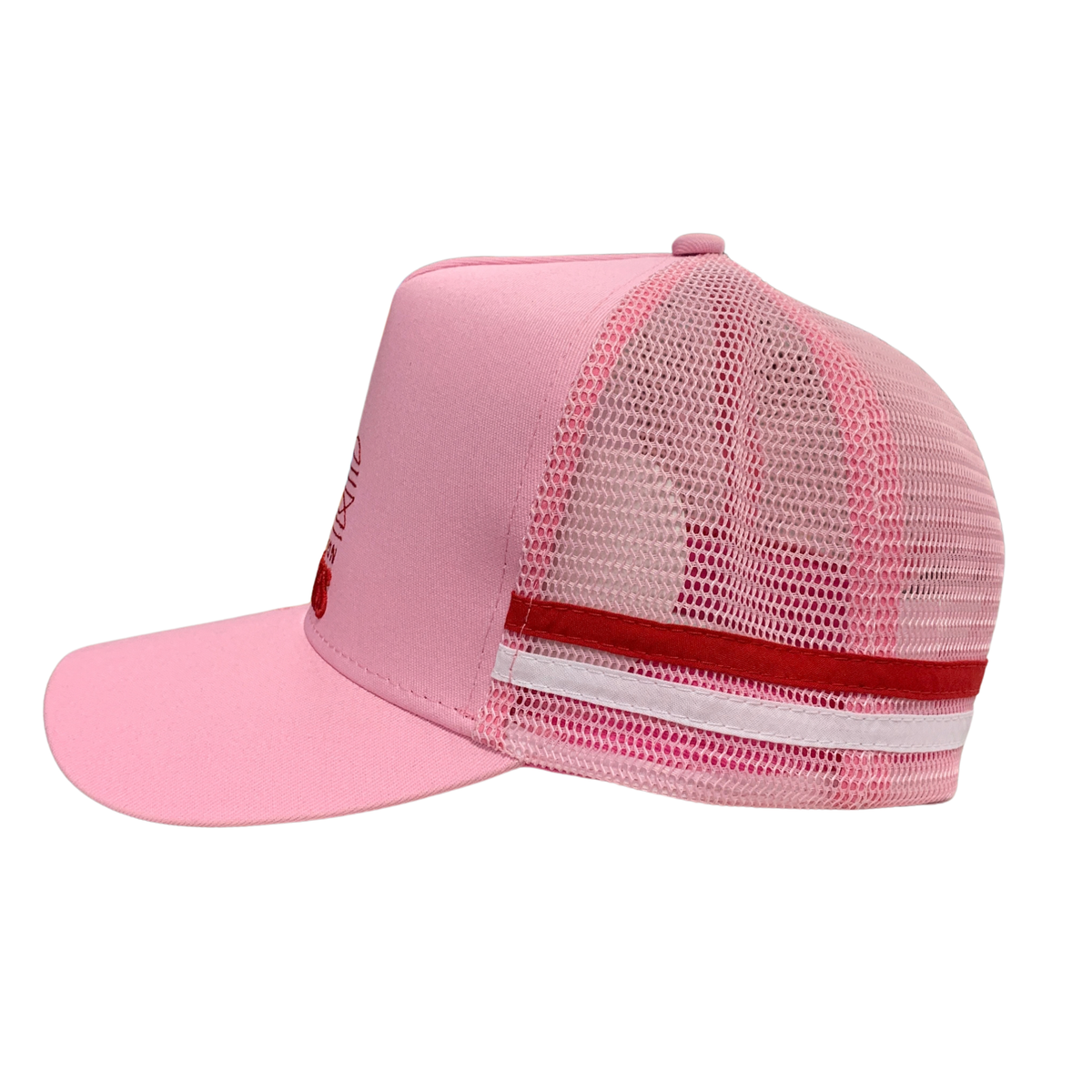 A pink trucker-style baseball cap with a solid pink front panel and brim, pink mesh back panels, and a red and white horizontal stripe on the back, shown against a plain white background.