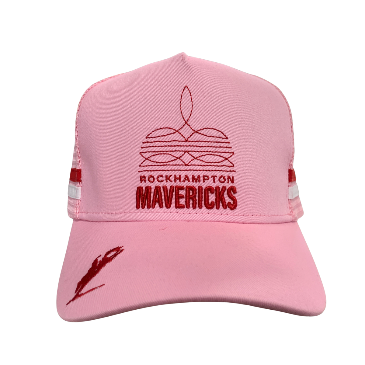 A pink trucker-style baseball cap with red embroidered graphics. The front features the text 'ROCKHAMPTON MAVERICKS' with a stylized logo above it, and a distressed red feather graphic is embroidered on the brim.
