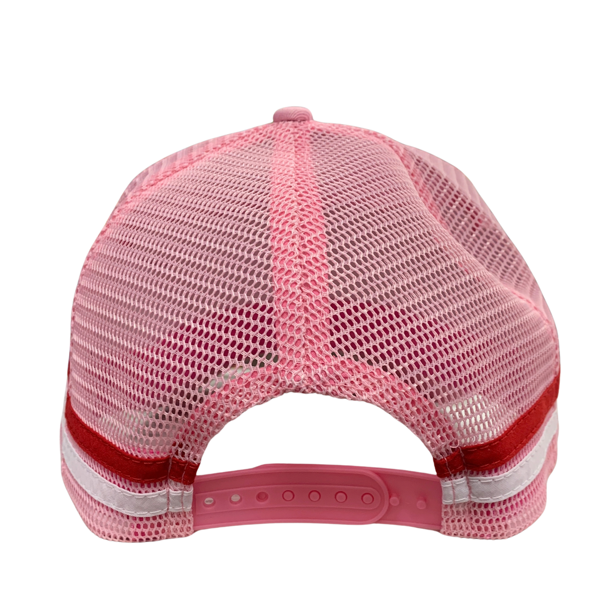 Pink mesh trucker cap viewed from the back, featuring a pink structured back panel, red and white reflective stripes, and a pink adjustable snap closure.