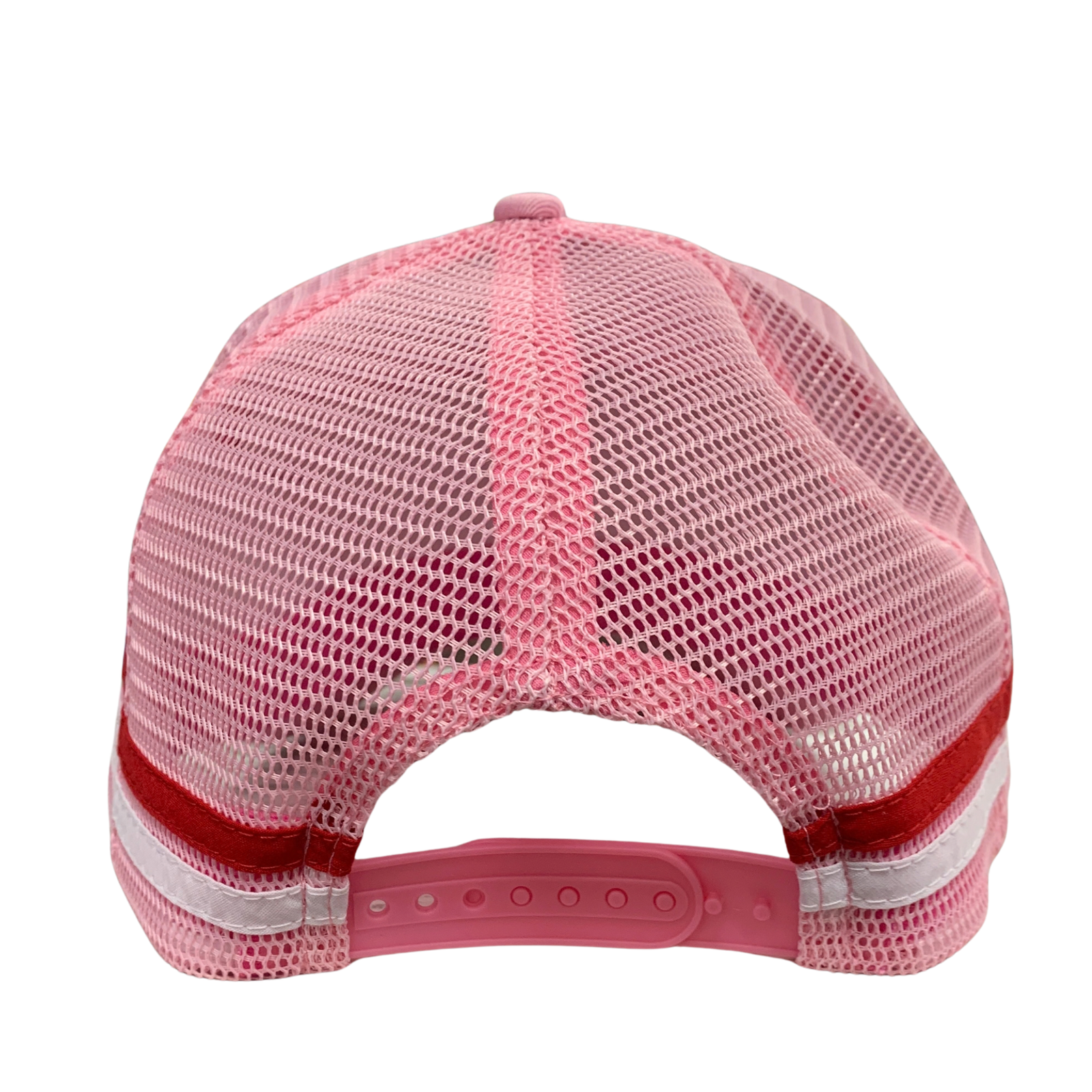 Pink mesh trucker cap viewed from the back, featuring a pink structured back panel, red and white reflective stripes, and a pink adjustable snap closure.