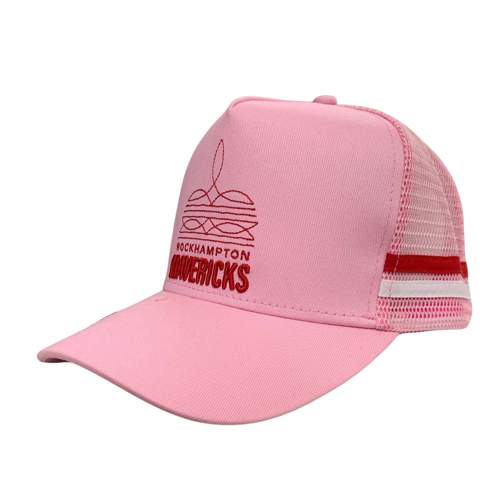A pink trucker hat with a red embroidered Rockhampton Rowdies logo on the front panel and red and white stripes on the side mesh, shown against a plain white background.
