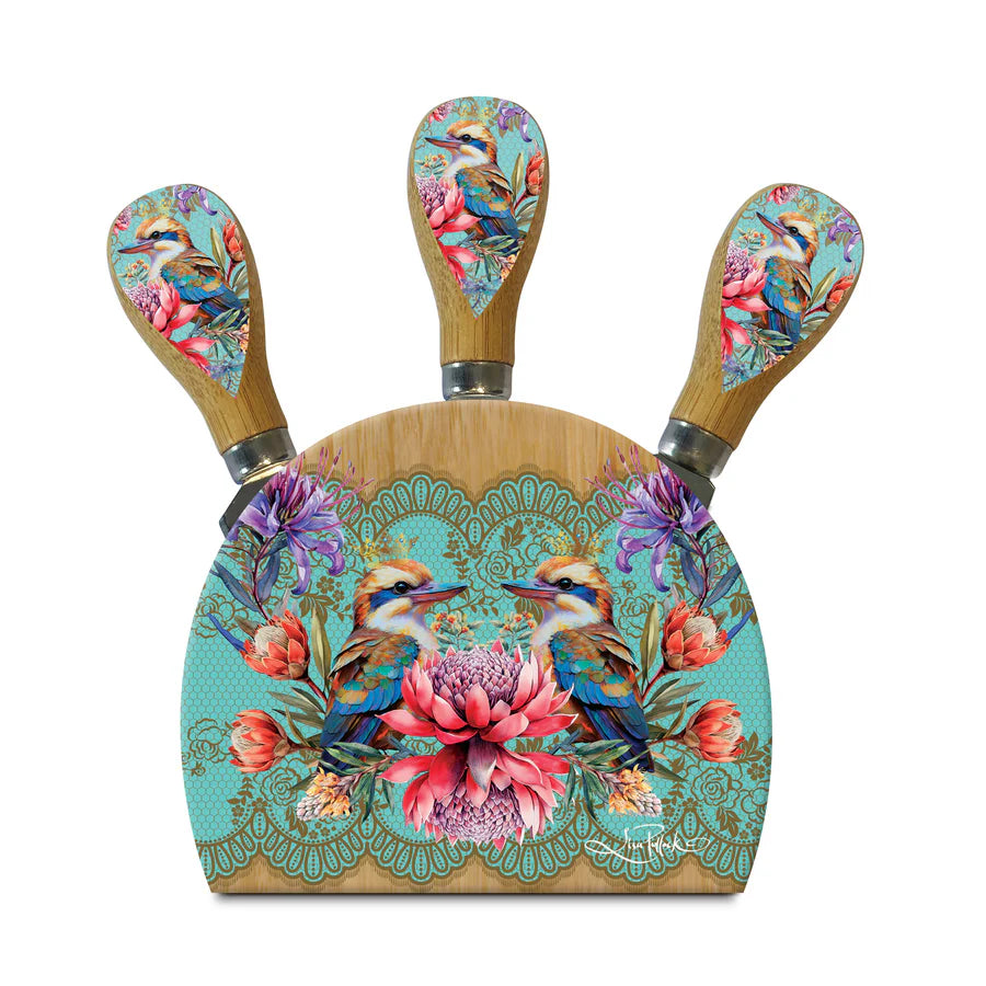Lisa Pollock Vintage Kookas Knife Block. Decorative cheese board set with floral and bird design on a white background